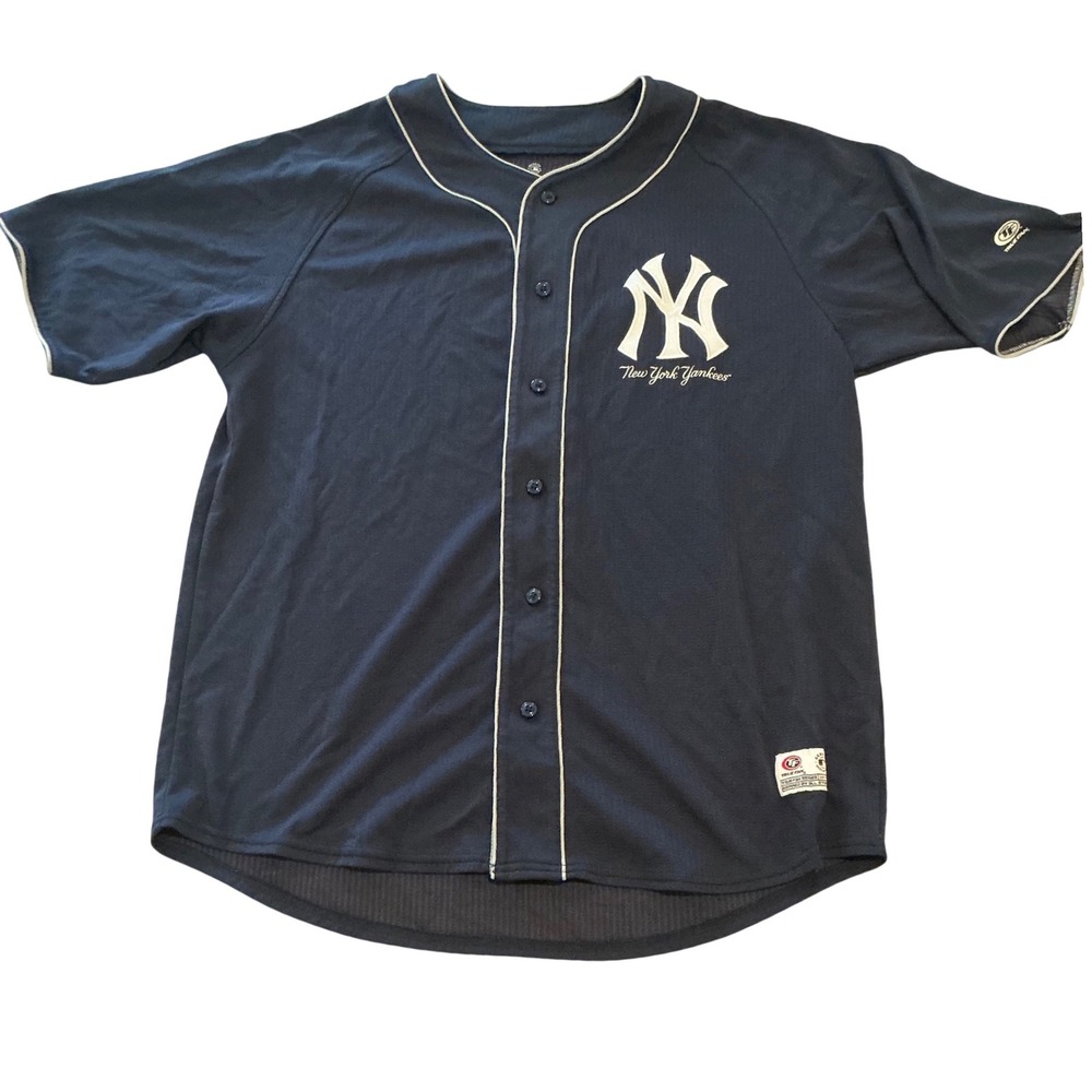 New York Yankees Baseball Jersey True Fan MLB Mens XL Navy Blue Button Shirt